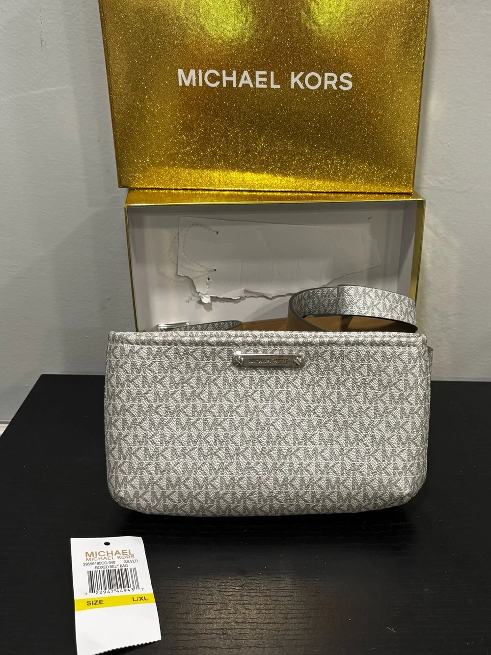 Michael Kors Silver MK Logo belt bag sz L/XL new w box and tags wallet